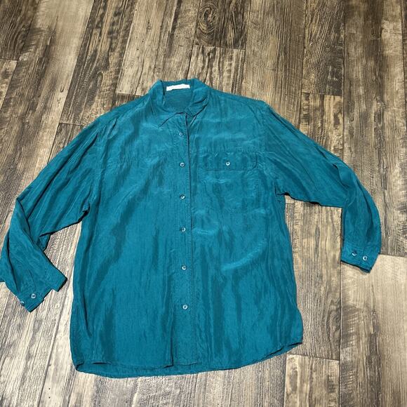 Vintage The Limited Solid Blue Silk Shirt Blouse Women Medium Button up Pocket - Picture 1 of 7